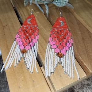 Handmade Beaded Red and Pink Ombre Mermaid Tail Fringe Earrings  - Audrey